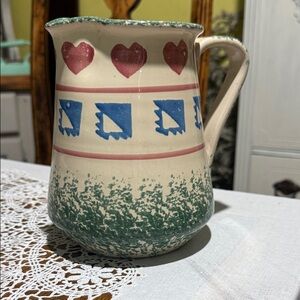 Vintage Heart and Geometric Patterned spongeware Boston farmhouse Pitcher